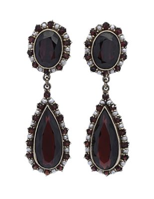 Vintage Garnet and Pearl Drop Earrings in 9kt Yellow Gold