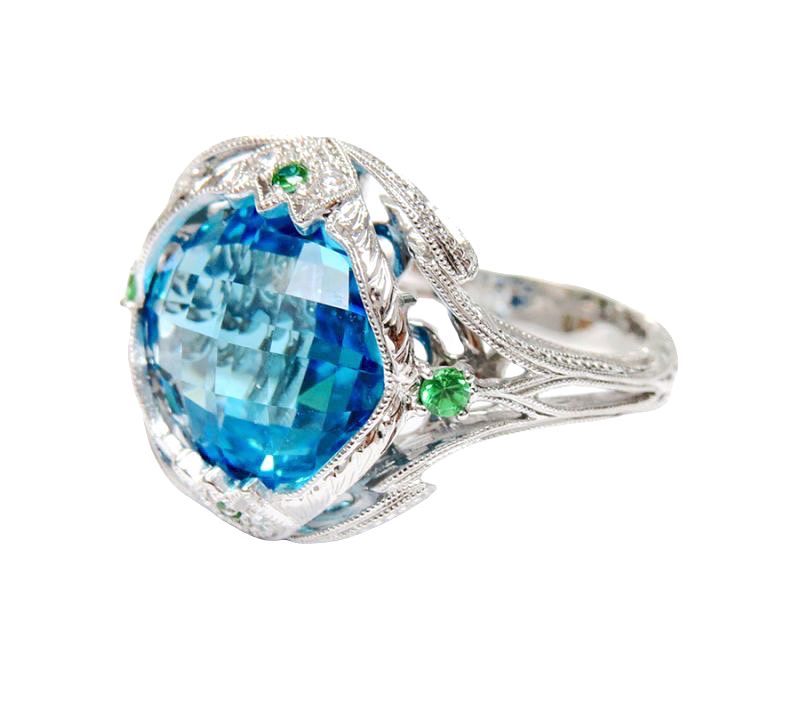 Vintage Inspired Blue Topaz Green Garnet Diamond Ring