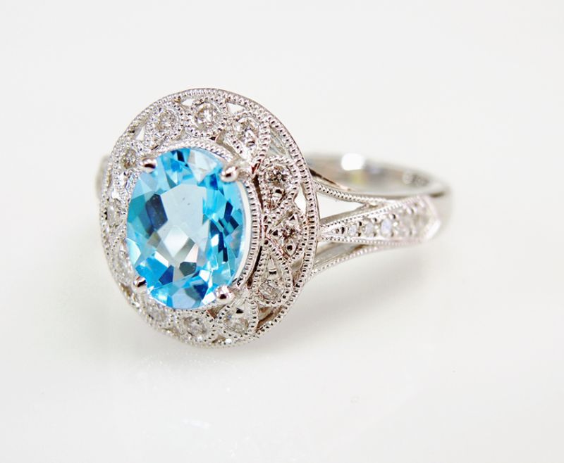 Vintage Inspired Blue Topaz and Diamond Ring