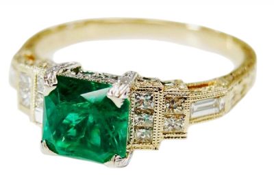 Vintage Inspired 1.25ct Emerald and Diamond Milgrain Ring in 14kt Yellow and White Gold