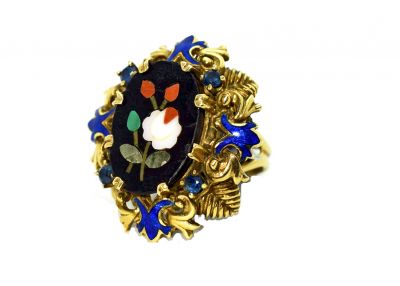 Vintage Pietra Dura Sapphire and Enamel Ring