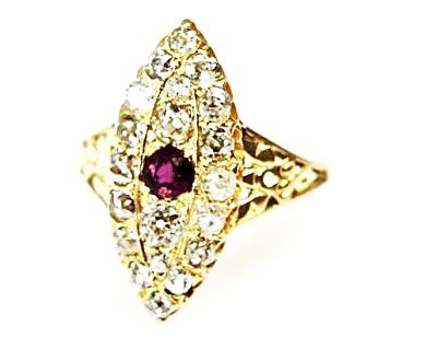 Vintage .27ct Ruby and Diamond Navette 18kt Ring