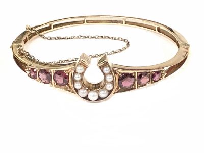 Vintage Seed Pearl Rhodolite Garnet Horseshoe Bracelet