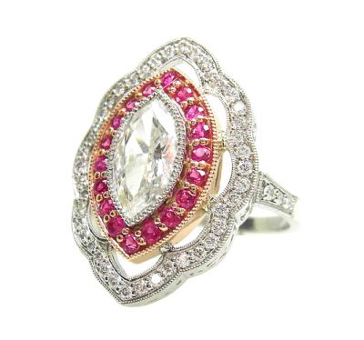 CF Vintage Style  .70ct Marquise Diamond and Pink Sapphire 18kt Ring