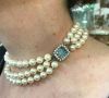 Vintage Triple Strand Cultured Pearl Necklace with Aquamarine Clasp
