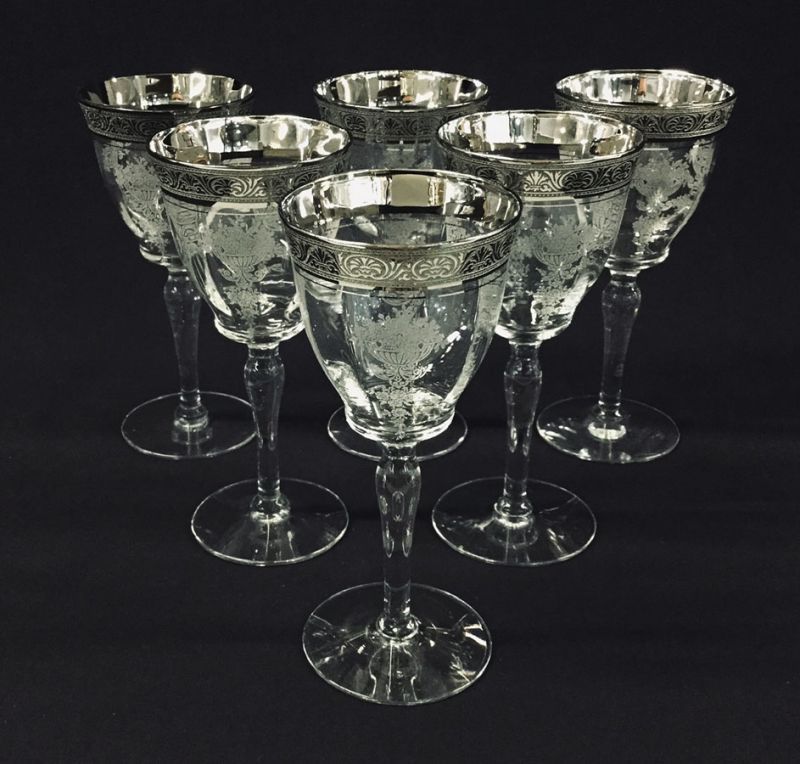 Vintage Acid Etched Crystal Stemmed Glasses with Platinum Rims