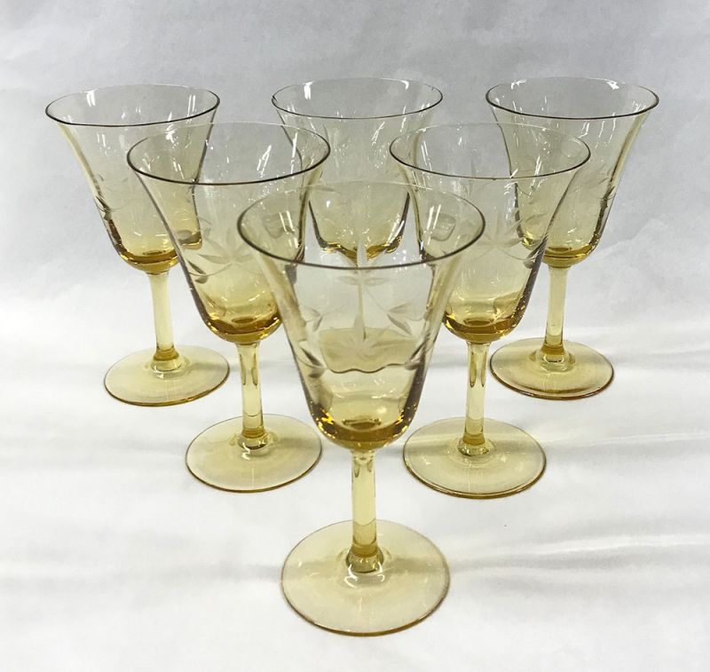 Vintage Amber Crystal Wine Glasses with Etched Floral Pattern