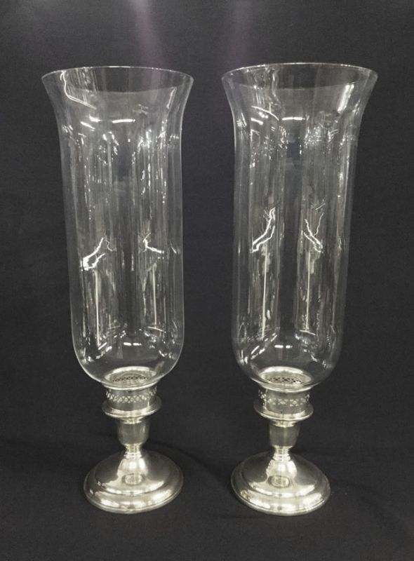 Vintage Birks Sterling Silver Candlesticks with Glass Hurricane Shades