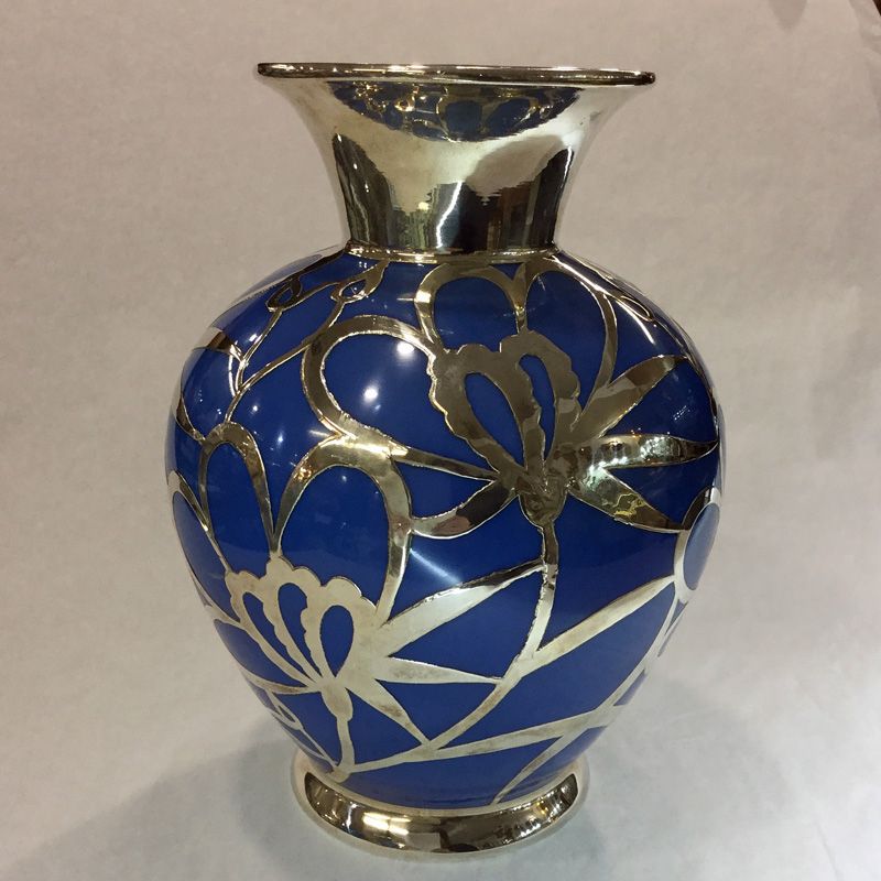 Vintage Blue Porcelain Vase with Sterling Silver Overlay