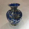 Vintage Blue Porcelain Vase with Sterling Silver Overlay