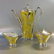Vintage Hutschenreuther Silver Overlay on a Yellow Porcelain Three Piece Coffee Set