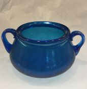 Vintage Iridescent Blue Art Glass Two Handled Bowl