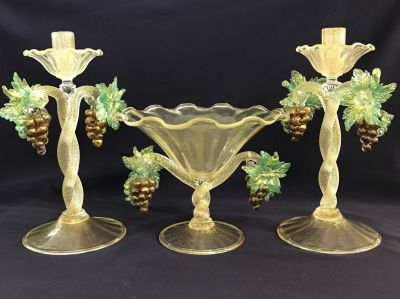Vintage Salviati Murano Centrepiece Pedestal Bowl With Matching Candlesticks