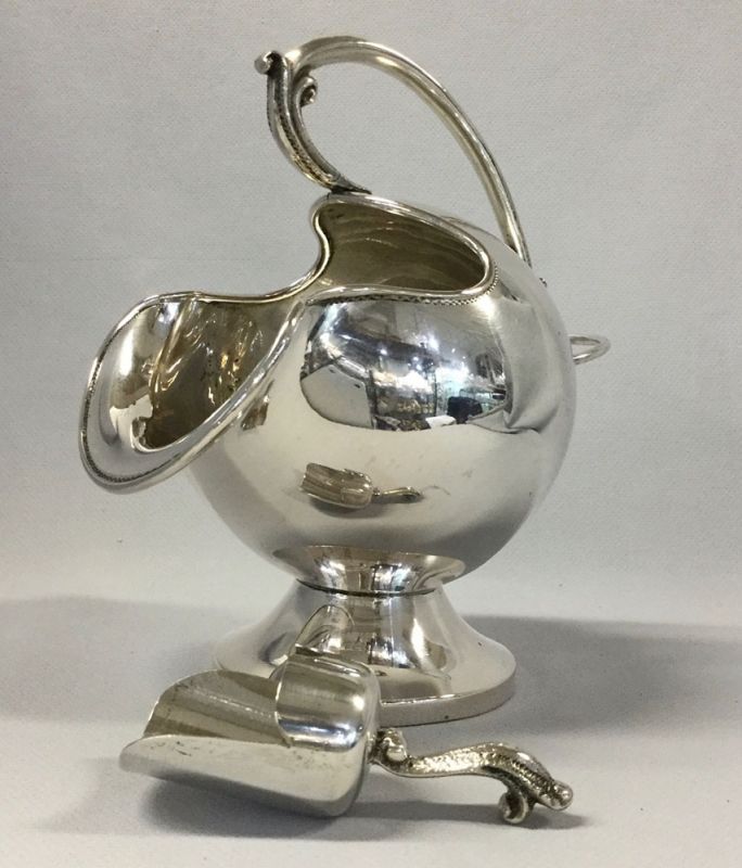 Vintage Silver Coal Scuttle Form Sugar Bowl and Scoop