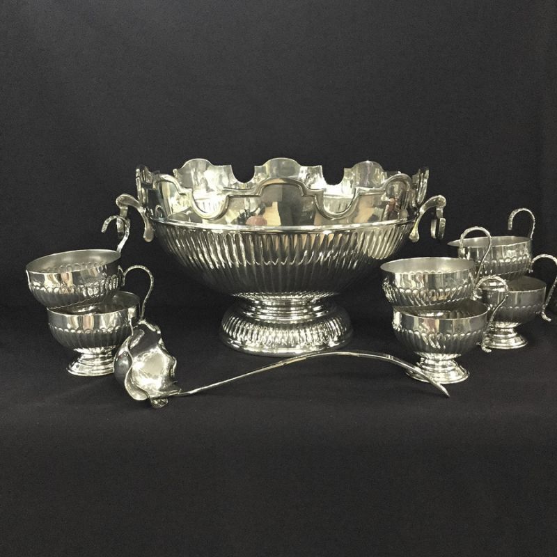 Vintage Silver Plate Punch Bowl, Ladle & Cups