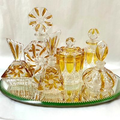 Vintage Yellow and Clear Glass Perfume Bottles and Dresser Jars