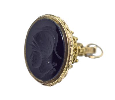 Antique Carved Onyx 9kt. Fob Pendant