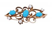 Antique Turquoise and Pearl 14kt Brooch