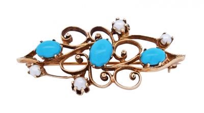 Antique Turquoise and Pearl 14kt Brooch