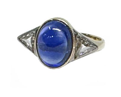 Art Deco Cabochon Sapphire and Diamond Ring