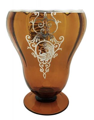 Art Deco Silver Overlay On Amber Glass Vase