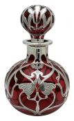 Art Nouveau Gorham Silver Overlay Cranberry Glass Scent Bottle