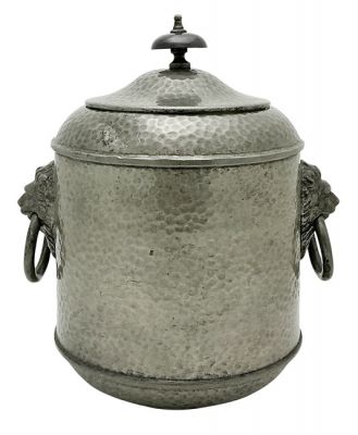 Craftsman Hammered Pewter Biscuit Barrel, circa 1926-39