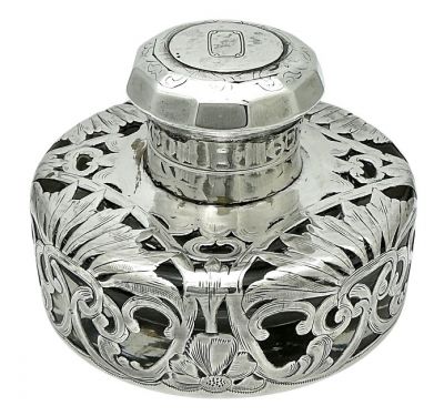 Edwardian Silver Overlay Inkwell