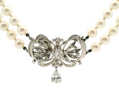 Elegant Vintage Cultured Pearl and Diamond 18kt Necklace