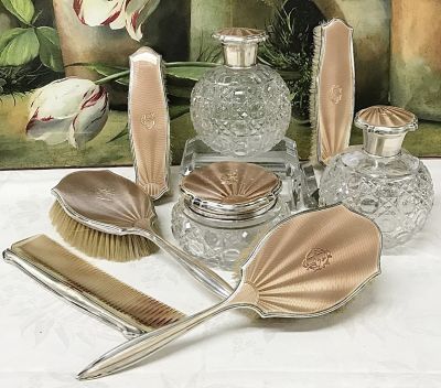 English Art Deco Guilloche Enamel On Sterling Silver 8 Piece Dresser Set, Adie Brothers Ltd. Dated 1930-36
