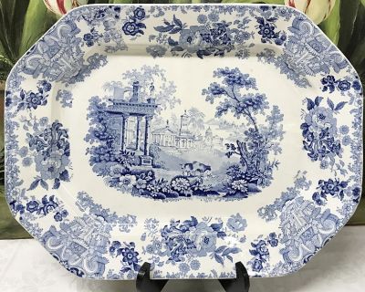 English Pastoral Scenery Blue & White Transfer Ware Platter