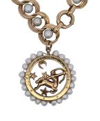 Estate Sagittarius Pearl and Emerald 14kt Bracelet