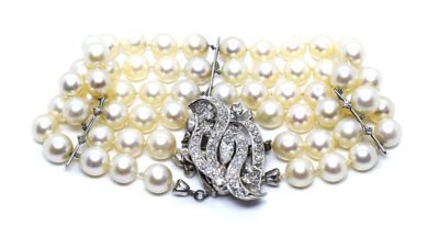 Estate Triple Strand Cultured Pearl and Diamond Bracelet