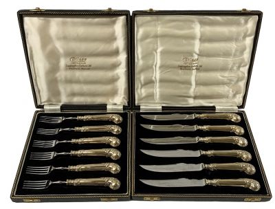Gold Washed Pistol Handled Sheffield Steel Steak Set For 6