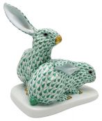 Herend Porcelain Fishnet Green Double Rabbit Figure
