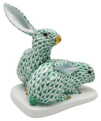 Herend Porcelain Fishnet Green Double Rabbit Figure