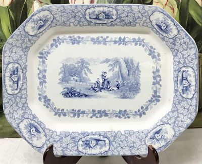 J. Clementson Blue & White Rustic Scenery Platter, English, circa 1840s