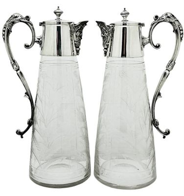 Mappin & Webb Cut Glass & Silver Plate Claret Jugs