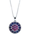 Modern Ruby and Blue Sapphire Pendant and 14kt. Rolo Chain