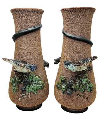 Palissy Ware Majolica Serpent & Bird Vases, 19th Century