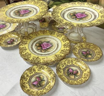 Rare Yellow Ground Paragon Cabbage Rose Dessert Set, Signed A.J. Plant