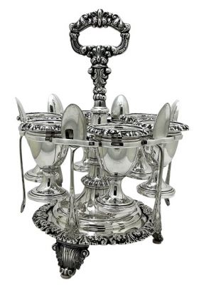 Sheffield Silver Plate 6 Egg Cups, Spoons & Stand