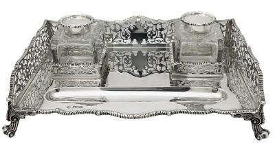 Sterling Silver Double Inkwell Stand, Sheffield 1919