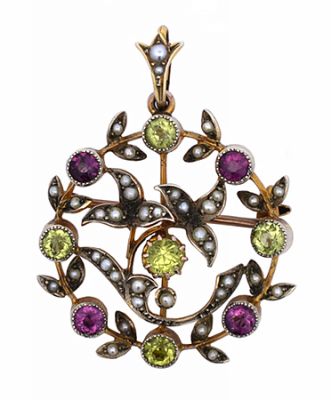 Victorian Pearl Tourmaline and Peridot 9kt Pendant/Brooch