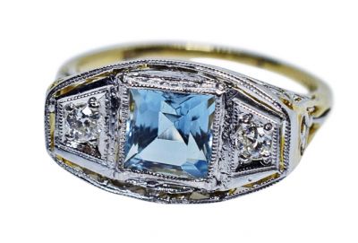 Art Deco 1.29ct. Aquamarine and Diamond 14kt. Ring