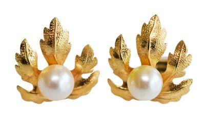 Vintage Cultured Pearl 18kt. Yellow Gold Oak Leaf Motif Earrings