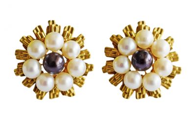 Vintage Cultured Pearl and Floral Nugget Earrings