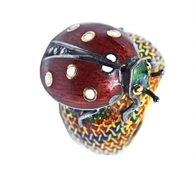 Vintage Diamond Multi Coloured Enamel Ladybug 18kt. Ring