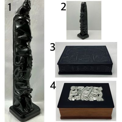 Vintage Haida Gwaii Argillite Reproduction Totem Poles & Boxes