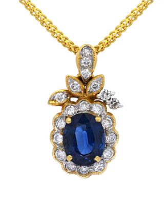 Vintage Natural 2.70ct Sapphire and Diamond 22kt  Pendant and Chain